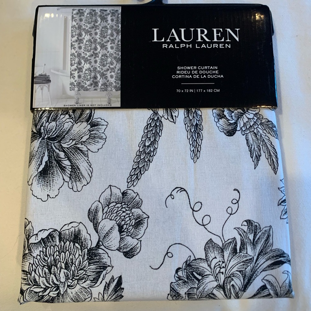 RALPH LAUREN LRL Black White FLORAL TOILE Fabric SHOWER CURTAIN  70x64" COTTON